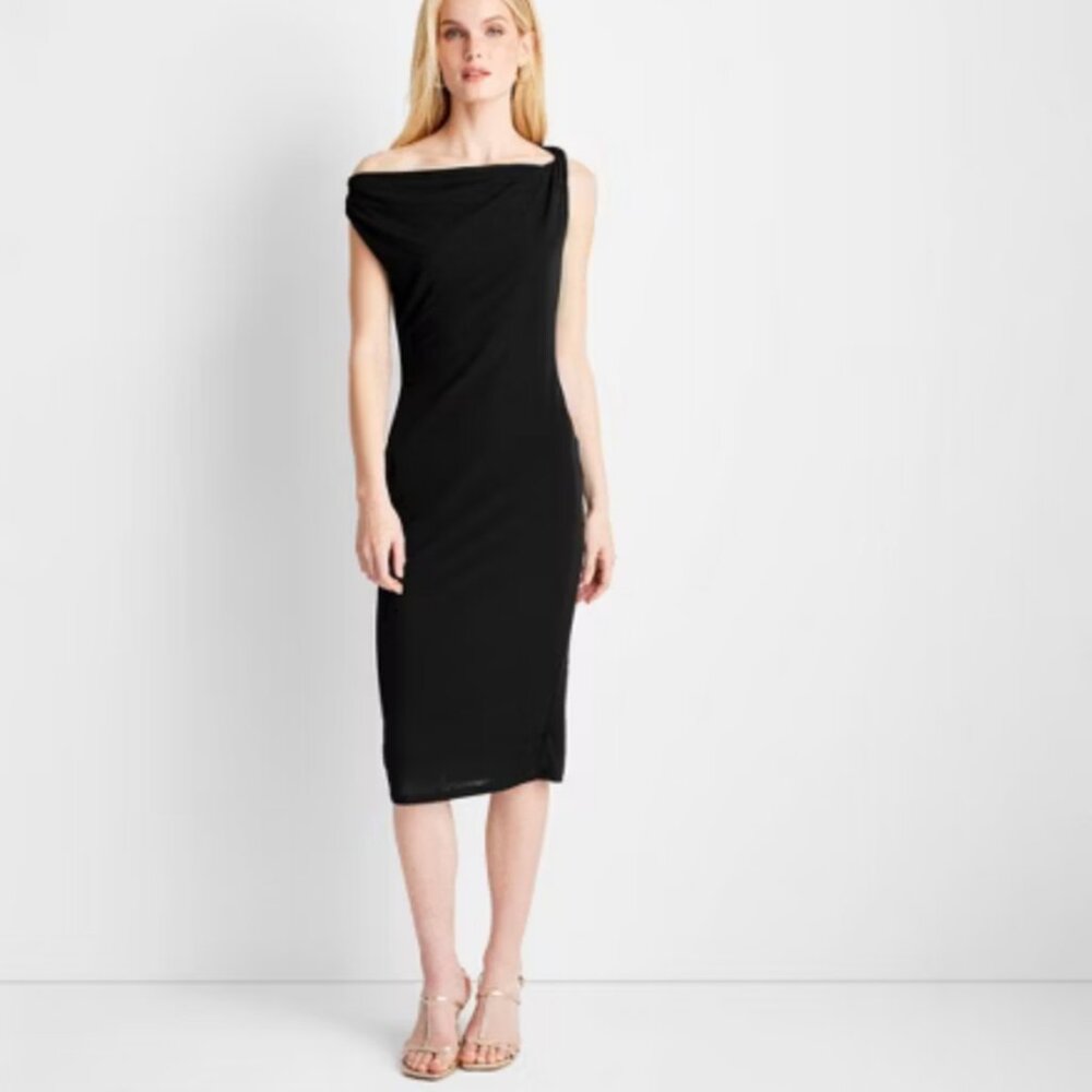 Jenee Naylor One Shoulder Draped Midi Dress NWT Black Size LARGE